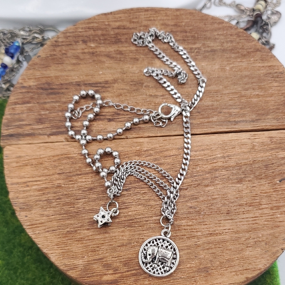 Silver-tone Layered Pendant Necklace with Elephant and Star Charms 22 Inch N3923